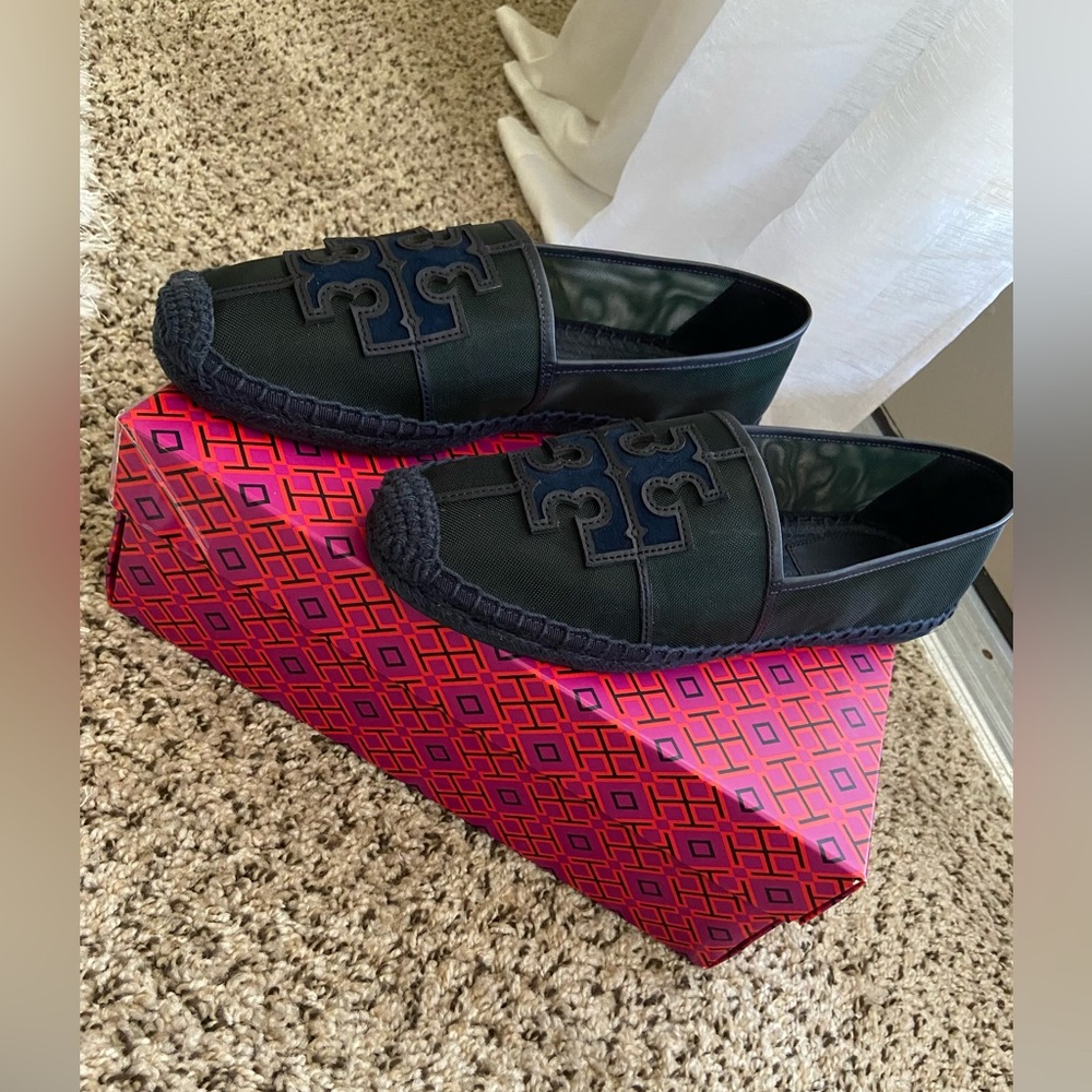 Authentic Tory Burch Ines Espadrille Mesh 
Leather Silk Suede Malachite/Navy